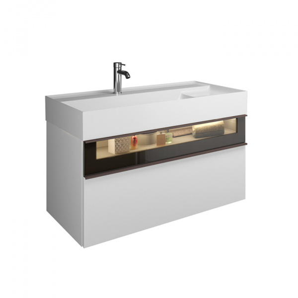 Burgbad Yumo Тумба с раковиной, 101.5х47х48см., с 1 отв., 2 выдв ящика, аллюм рамка,вставка из дымч стекла, светодиодн. подсв., цвет: белый глянец