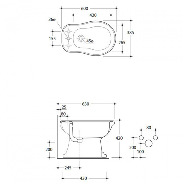 Kerasan Retro Биде напольное 60х38.5см, с 3-мя отв. под смеситель, цвет: белый