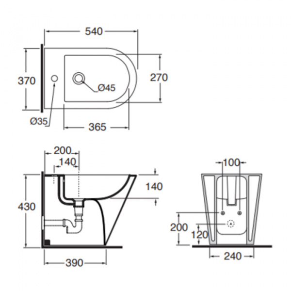 AZZURRA FORMA Биде  приставное  54х37х43см , с 1 отв под смеситель,с креплением, цвет: белый