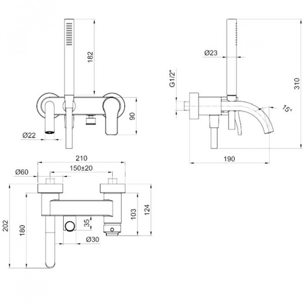 Fantini AL/23 Смеситель для ванны, настенный, излив: 190 мм, цвет: хром