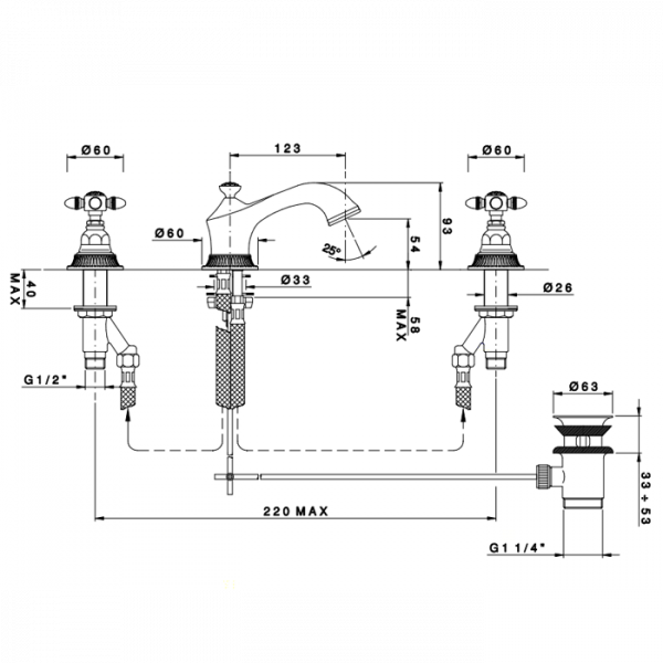 Nicolazzi Impero Смеситель для раковины на 3 отверстия, с донным клапаном, цвет: хром