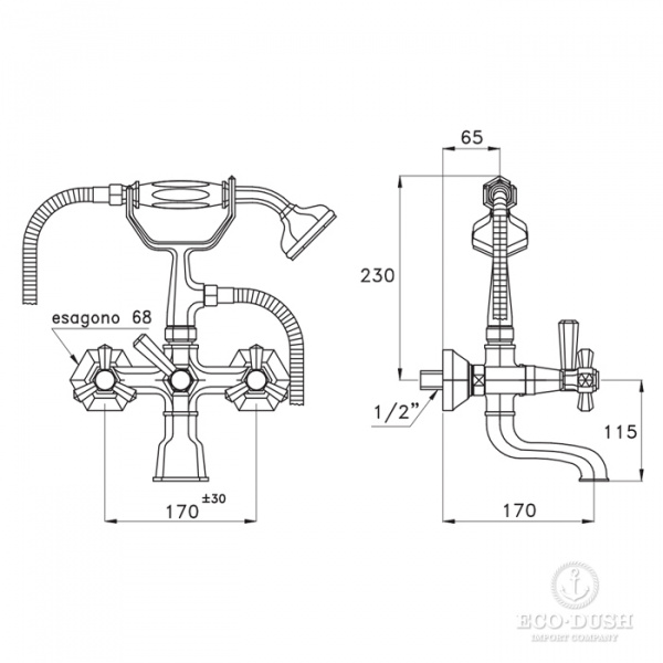 Stella Eccelsa Смеситель для ванны 3274/306 с ручным душем, цвет: золото