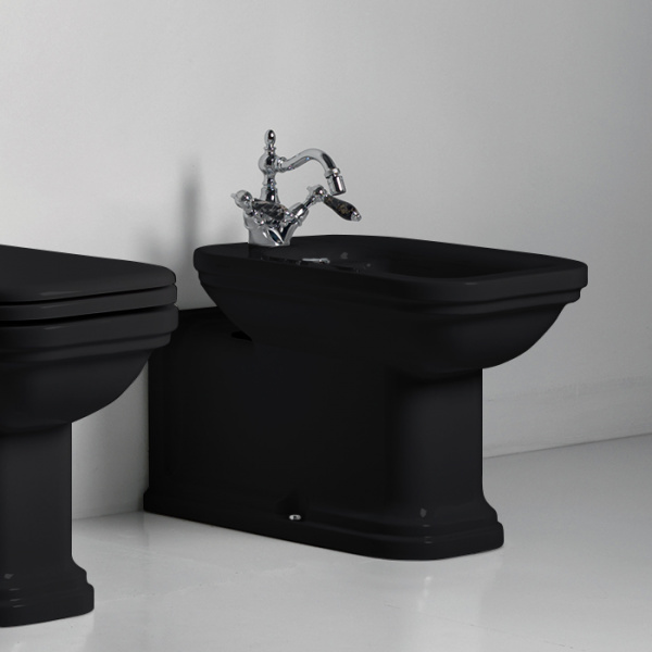 Kerasan Waldorf Биде напольное пристенное удлиненное &quotProlongato" 65х37см с 1 отв. под смеситель, цвет: черный/хром