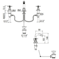 Gattoni TRD Смеситель для биде, 3 отв., ручки Paris, цвет: хром