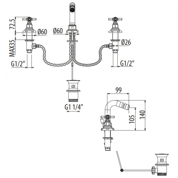 Gattoni TRD Смеситель для биде, 3 отв., ручки Paris, цвет: хром