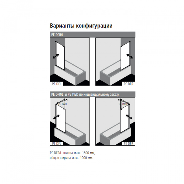 Kermi Pega Штора на ванну PE DFL 75x150см., цвет: черный матовый/прозрачное стекло