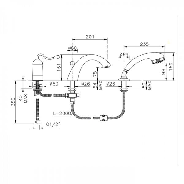 Nicolazzi Signal Смеситель на борт ванны с переключателем, встраиваемый, излив: 201 мм, цвет: хром