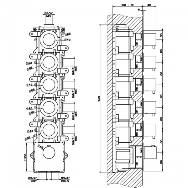 Gessi 316 Встраиваемый термостатический смеситель на 5 источников, резьба 3/4", внешняя часть, цвет: brushed black metal pvd