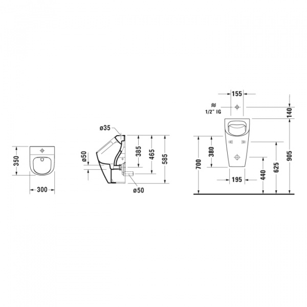 Duravit ME by Starck Писсуар Rimless, без смывного края,подача воды сверху, с вытяжкой, сток внутр.верт. или гориз., с креплениями с мушкой