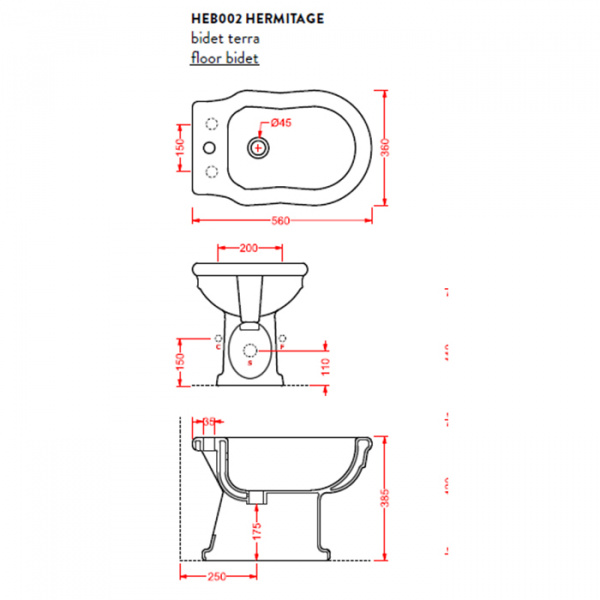Artceram HERMITAGE биде напольное 55х36см с 1 отв под смеситель с креплением, цвет: черный