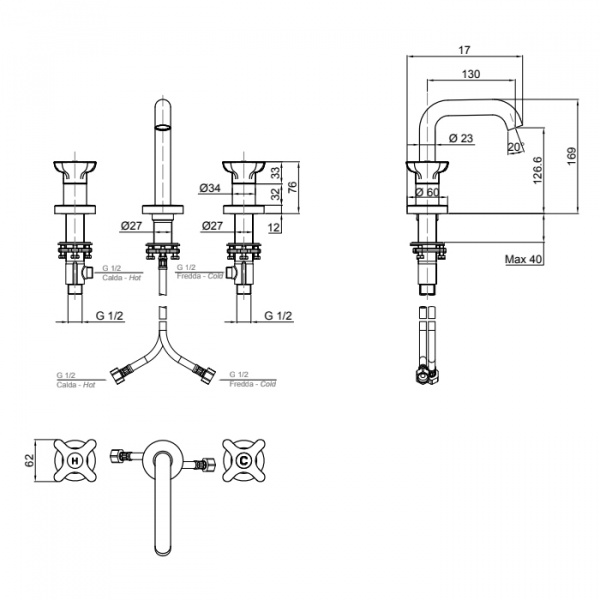 Antonio Lupi Timbro Смеситель для раковины, на 3 отв., излив: 170мм, цвет: хром