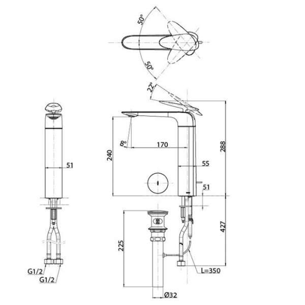 TOTO ZA Смеситель для раковины высокий на 1 отв,со сливным клапаном, цвет: хром