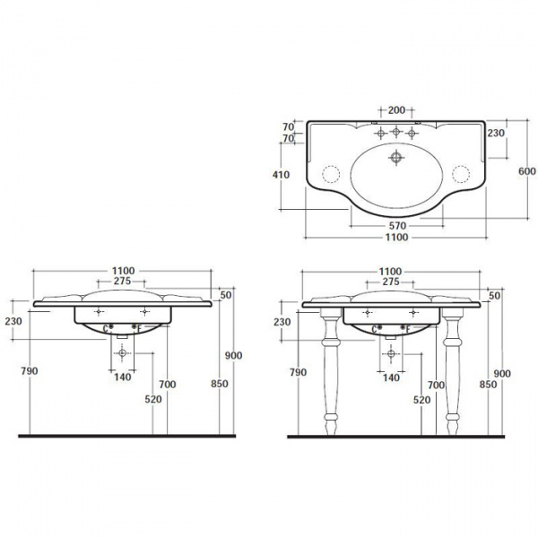 Globo Paestum Консоль с раковиной 110х60см с 1 отв. под смеситель, цвет: белый