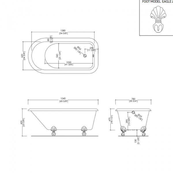 Devon&Devon Kensington Ванна чугунная отдельностоящая 154х78хh63,4 см