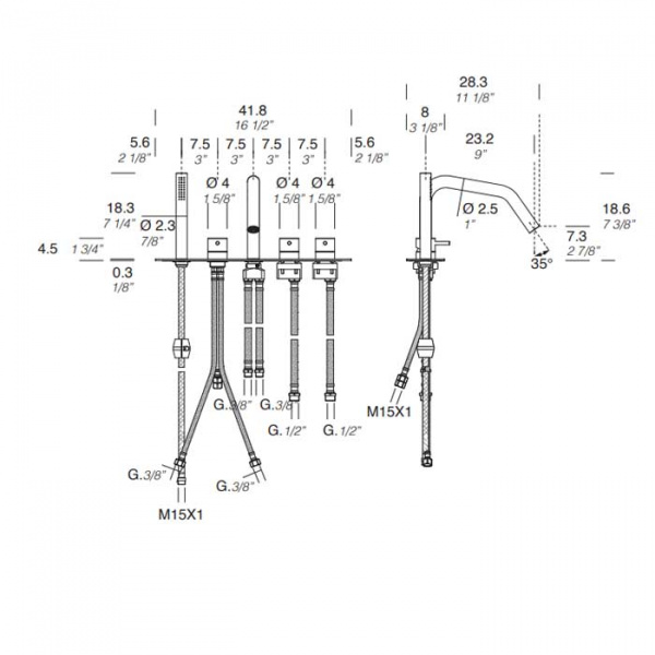 NOORTH milldue edition Смеситель на борт ванны, 5 отв, цвет: полированная сталь