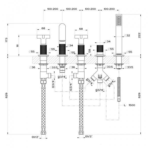 Gessi Inciso Смеситель для ванны на 5 отверстий с изливом, переключателем, ручным душем и шлангом 1,50 м, цвет: finox