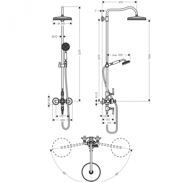 Axor Montreux Душевая стойка с термостатом и верхним душем d=240мм, цвет: полированное золото