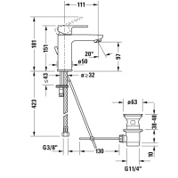 Duravit B.3 Смеситель для раковины, 1 отв., с донным клапаном, излив 111мм, цвет: хром