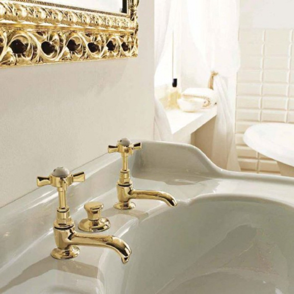 Sbordoni Antica Пара одиночных кранов для раковины с донным клапаном изливы 90мм, цвет: глянцевая латунь