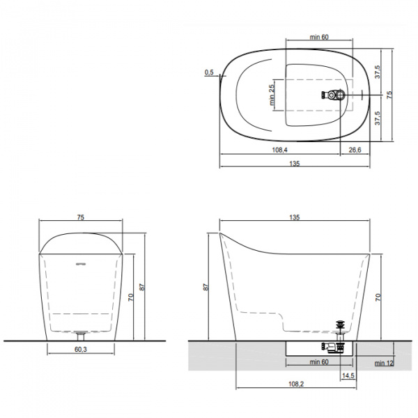 Antonio Lupi Mastello Ванна отдельностоящая 135х75х87см, с нажимным донным клапаном, сифоном и гибким шлангом, Flumood