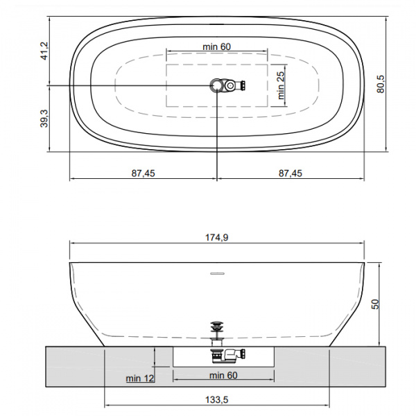 Antonio Lupi Ago Ванна отдельностоящая 175х80х50см, с нажимным донным клапаном