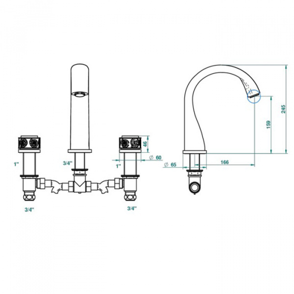 THG Island Смеситель для ванны на 3 отверстия, без ручного душа, цвет: Soft gold