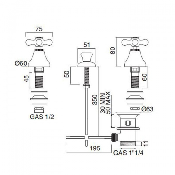 Sbordoni Etruria Смеситель для биде на 3 отверстия, цвет: глянцевая латунь