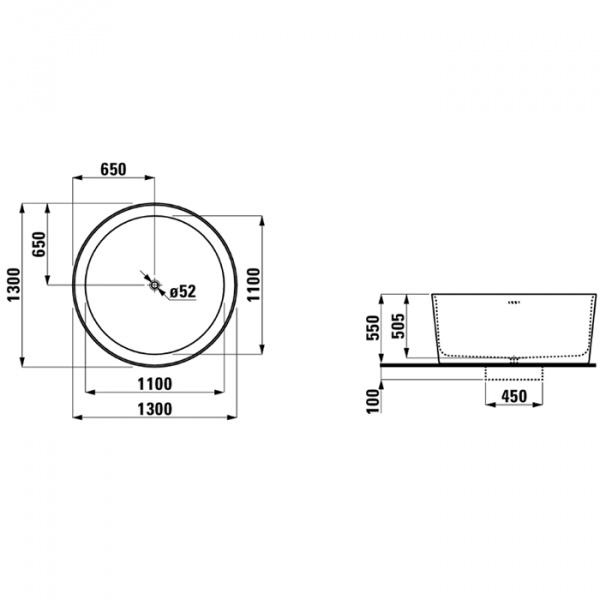 Laufen VAL Ванна 130x130x50.5см, отдельностоящая, круглая, с слив-переливом, материал: композит