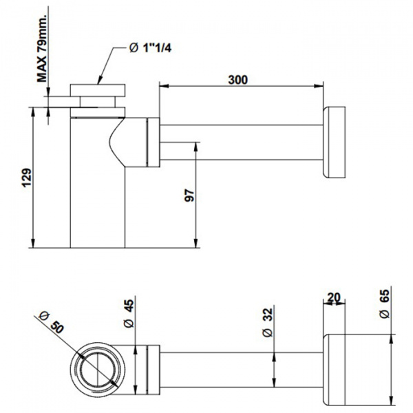 Bongio Complements Сифон цилиндрический под донный клапан 1.1/4” с трубкой 300 мм, цвет: хром
