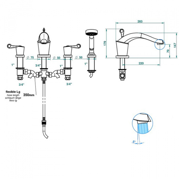 THG BAGATELLE PIERRE NOIRE MANETTES Смеситель для для установки на борт ванны на 4 отверстия, с ручным душем, ручки черные, цвет: полированное золото