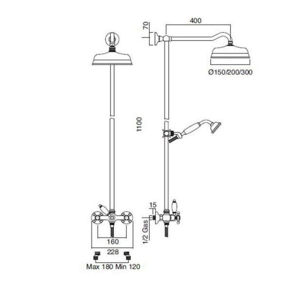 Sbordoni Londra Смеситель для душа настенный с ручн.душем, внешней трубкой, настенным держателем и верхним душем Ø200мм, цвет: глянцевая латунь