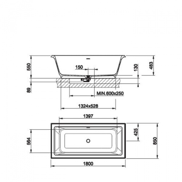 Gessi Eleganza Ванна отдельностоящая 180х85x55см, со сливом-переливом, цвет: матовый белый