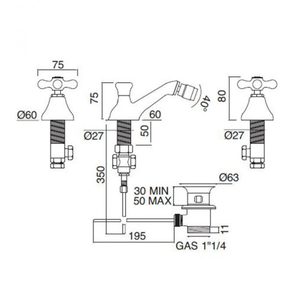 Sbordoni Etruria Смеситель для биде на 3 отверстия, цвет: черный никель