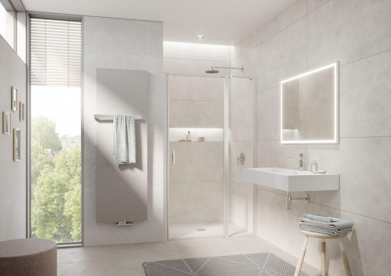 Kermi LIGA Дверь в нишу неп.частью LI 1GR 100х200см., петли справа, глянцевое серебро+klar