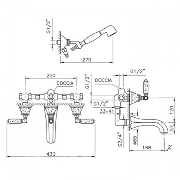 Nicolazzi Teide Granito Смеситель для ванны с 2мя ручками, встроенный, с ручным душем, вкл. внутр часть, излив: 168 мм, цвет: хром