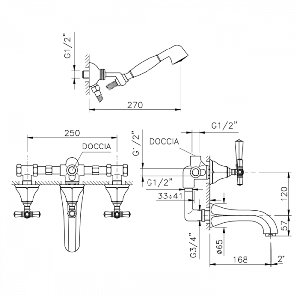 Nicolazzi Teide Смеситель для ванны с 2мя ручками, встроенный, с ручным душем, вкл. внутр часть, излив: 168 мм, цвет: хром
