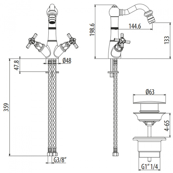 Gattoni TRD Смеситель для биде, 1 отв., ручки Paris, цвет: золото 24К