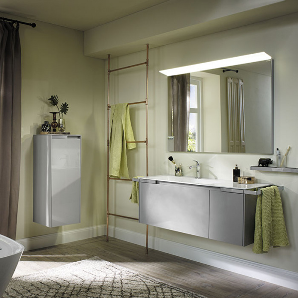 Burgbad Yso Комплект подвесной мебели 128x49x45 см с керамическим умывальником, 2-мя полотенцедержателями, цвет: светло-серый глянцевый