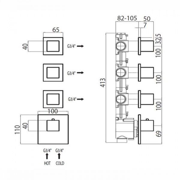 Bossini Rectangular Термостат для душа, встраиваемый, с девиаторм/запорным вентилем на 3 - 6 выходов, уст-ка верт/гор., цвет: хром