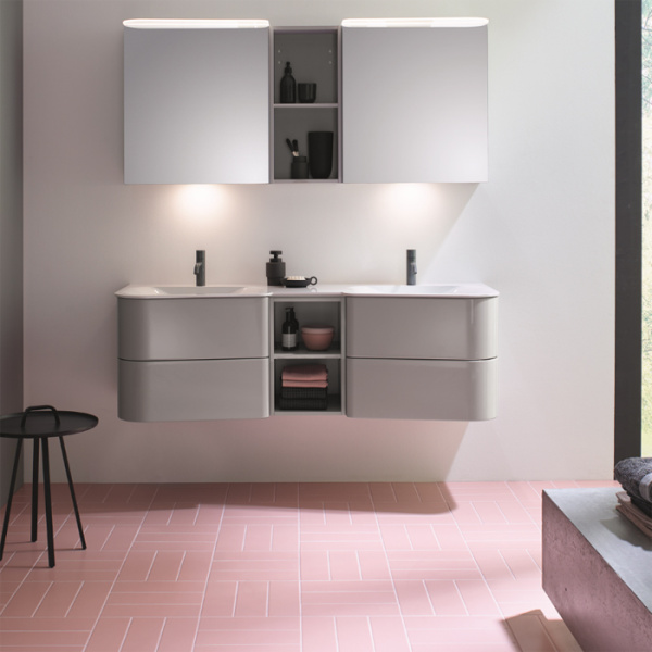 BurgBad Badu База подвесная с  умыв. из минер литья 152х51х49.2см, 4 ящика, 1полка, 2 отв под смеситель, цвет: лен серый глянцевый