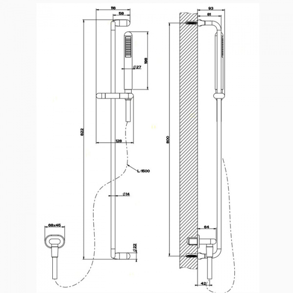 Gessi Goccia Душевая штанга с ручным душем и выводом воды из стены, цвет: хром
