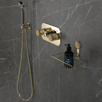 THG Hirondelles Gold Stamped Душевой комплект: термостатический смеситель, ручной душ, верхний душ Ø30см, держатель с подводом воды и шланг 1500 мм, цвет: Soft gold