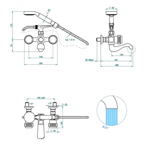 THG Diplomate grooved rings Смеситель для ванны, настенный монтаж, с ручным душем и шлангом 1500 мм., цвет: хром/золото