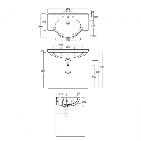 SIMAS Top e lavabi d'arredo Раковина-консоль 90 см, 1 отв., цвет: белый