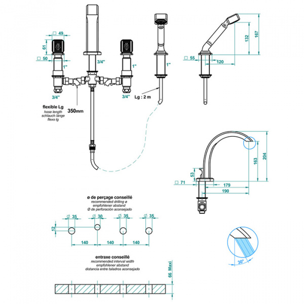 THG Metropolis cristal clair Смеситель для ванны, 4 отв., цвет: хром/прозрачный хрусталь