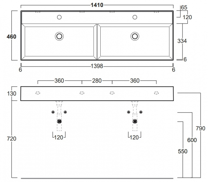Simas Agile Раковина 141x46 см, 2 отв., двойная, цвет: белый