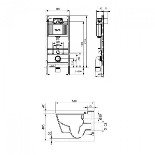 TECEbase Система инсталляции для унитазов 4 в 1 с кнопкой смыва 9240403 черный глянцевый, крепежом и звукоизоляцией, с унитазом TECEone