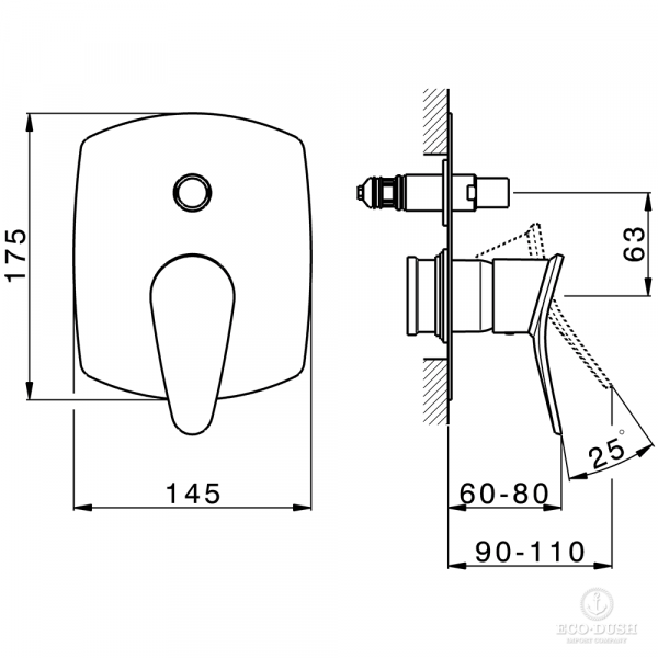HUBER Harlock Встраиваемый однорычажный смеситель для ванны/душа, цвет: хром/черный матовый,