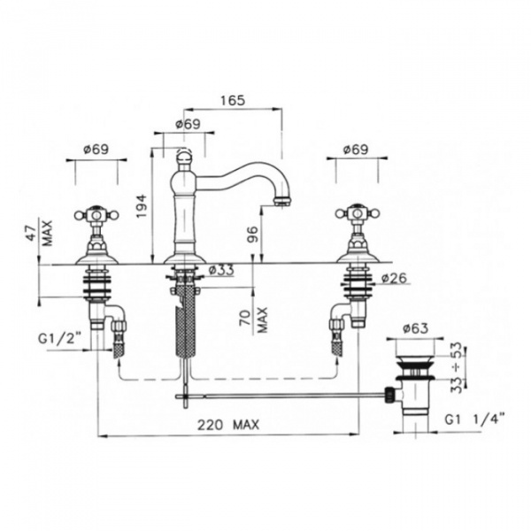 Nicolazzi Dames Anglaises Смеситель для раковины, 3 отв., с донным клапаном, цвет: бронза, ручка P.M.Blanc