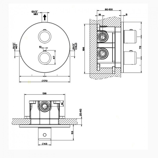 Gessi Goccia Встраиваемый термостатический смеситель, подключение на 3/4”, внешняя часть, цвет: хром